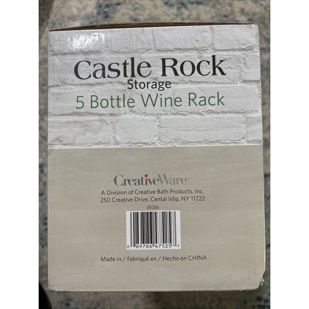 Castle Rock 5 Bottle Wine Rack NIB Black Metal Frame Natural Color Wood Shelves